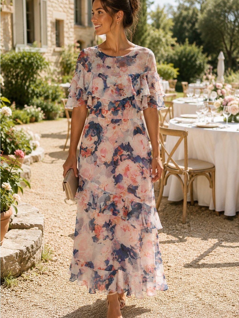Gianni Bini Floral Ruffle Midi Dress - Pink & Blue - Size 6